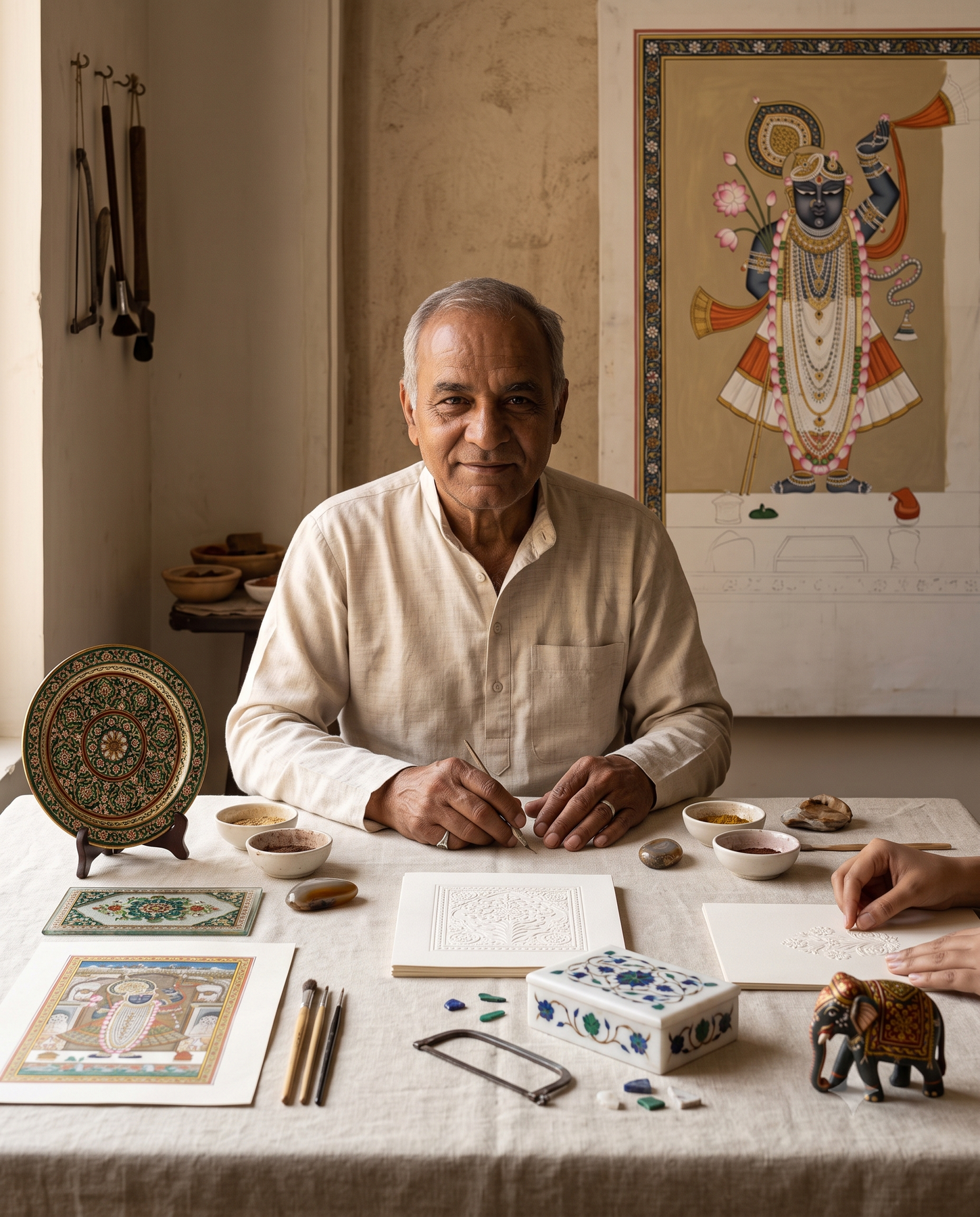 A Mewar miniature and marble artisan at his worktable, mineral pigments in stone bowls before him