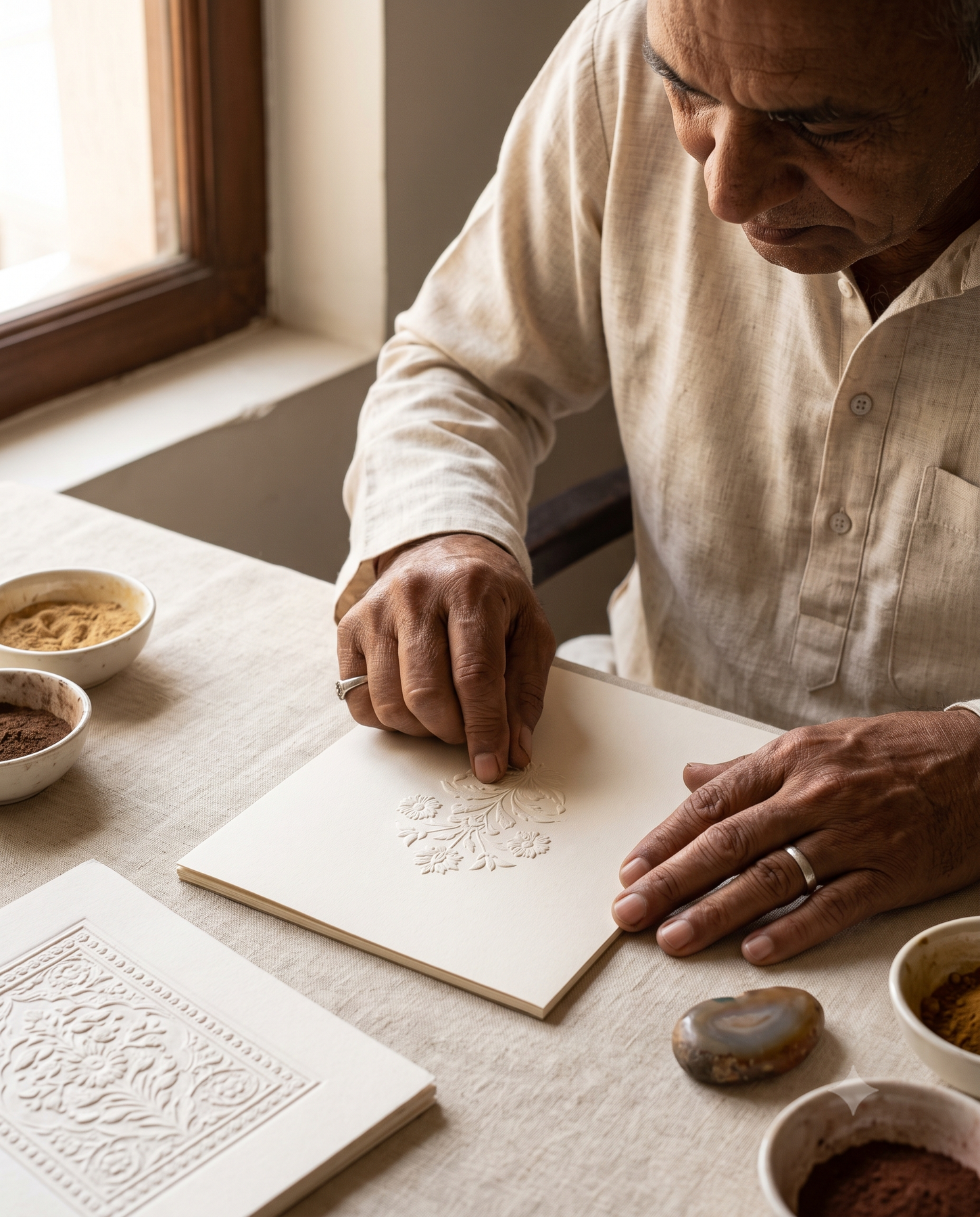 An artisan's hands pressing a fine floral relief into handmade paper